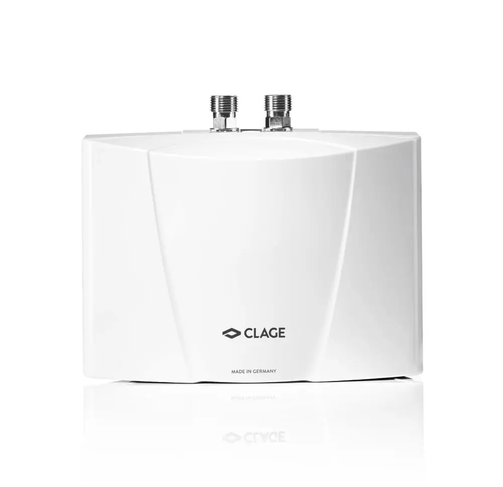Weißer Kleindurchlauferhitzer von CLAGE mit zwei Anschlussnippeln, geeignet für drucklose Systeme, zeigt eine glatte, rechteckige Oberfläche.